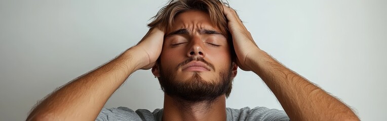 Obraz premium Man Holding Head in Pain in Portrait with Expression of Discomfort