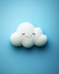 A fluffy white cloud with its eyes gently closed, resembling a serene face, floats peacefully against a bright blue sky, casting a soft shadow on the landscape below.