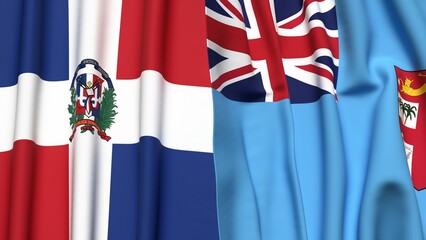 Flags of DOMINICAN REPUBLIC and FIJI with realistic cloth texture