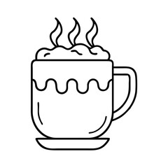 A steaming cup of hot cocoa or coffee with whipped cream in a mug on a saucer