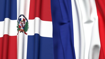 Flags of DOMINICAN REPUBLIC and FRANCE with realistic cloth texture