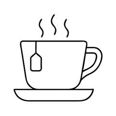 A simple line drawing of a cup of hot tea with a tea bag a saucer