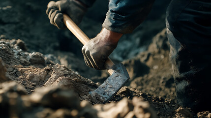 Miner extracting lithium ore from the ground using a pickaxe. Featuring manual labor