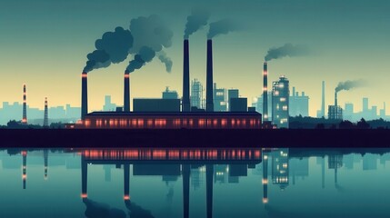 Industrial complex at dusk, emitting pollution over a reflective body of water.