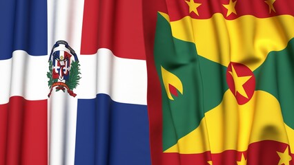 Flags of DOMINICAN REPUBLIC and GRENADA with realistic cloth texture