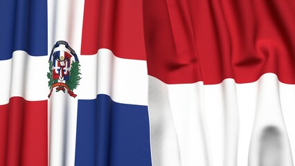 Flags of DOMINICAN REPUBLIC and INDONESIA with realistic cloth texture