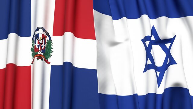 Flags of DOMINICAN REPUBLIC and Israel with realistic cloth texture