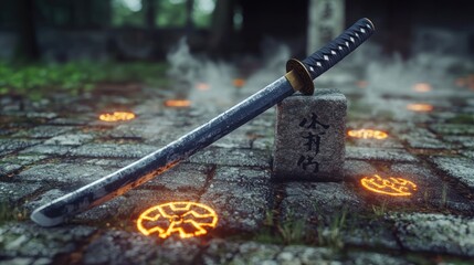 Ancient Japanese sword on stone, mystical garden, glowing symbols