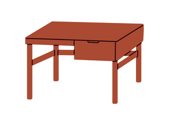 Wooden table with drawer. Classic desk with legs and storage compartment for office and home, work and study room interior. Wood furniture. Flat vector illustration isolated on white background
