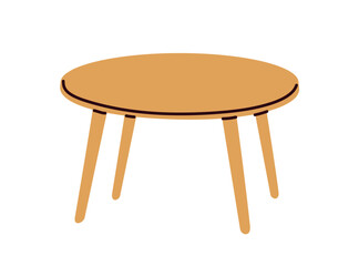 Coffee table, round wooden design. Small low circular coffeetable with legs. Modern retro wood furniture for Scandinavian, mid-century interior. Flat vector illustration isolated on white background