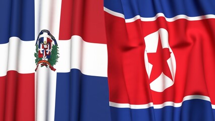 Flags of DOMINICAN REPUBLIC and KOREA NORTH with realistic cloth texture
