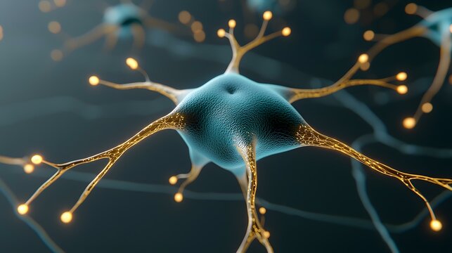 The image shows a detailed, artistic rendering of a neuron, its cell body a teal blue, and its branching axons and dendrites glowing gold, suggesting neural pathways and communication.
