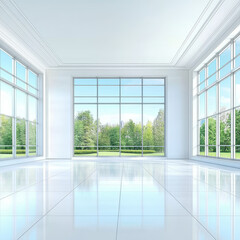 Fototapeta premium Spacious Modern Room with Large Windows and Scenic Outdoor View