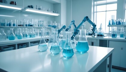 Laboratory glassware with blue and cyan liquid on a white table. Scientific laboratory research. Antiviral vaccine development.