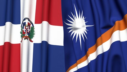 Flags of DOMINICAN REPUBLIC and MARSHALL ISLANDS with realistic cloth texture