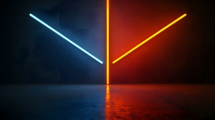 The image contains two diagonal neon lights, one blue and one orange, meeting in the center on a textured wall, reflected on a glossy floor.