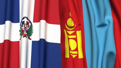 Flags of DOMINICAN REPUBLIC and MONGOLIA with realistic cloth texture
