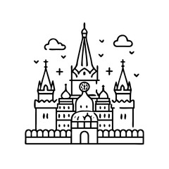 A Line Drawing of the Iconic Spasskaya Tower and Kremlin Walls in Moscow Russia
