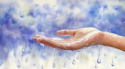 Watercolor depiction of a hand catching raindrops.