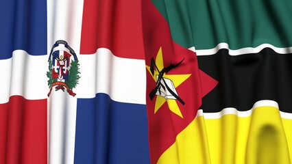 Flags of DOMINICAN REPUBLIC and MOZAMBIQUE with realistic cloth texture