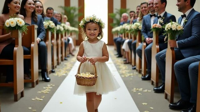 Adorable Flower Girl Walking Down Wedding Aisle with Basket