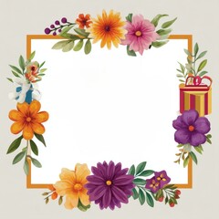 Obraz premium A colorful floral frame featuring various flowers and a gift box, perfect for invitations or greeting cards.