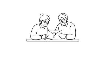 Elderly couple reading suspicious letter in bold monoline style  