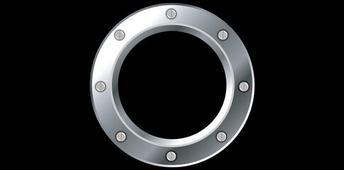 Metal Ring With Rivets On Black Background, Realistic Portholes Vector Illustration.	