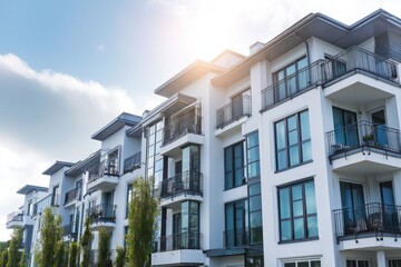 Modern apartment buildings under a bright sky