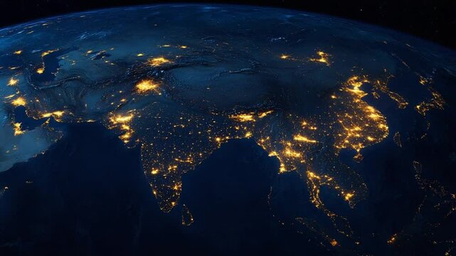 Dramatic aerial view capturing Earth's city lights over Asia at night, visualization