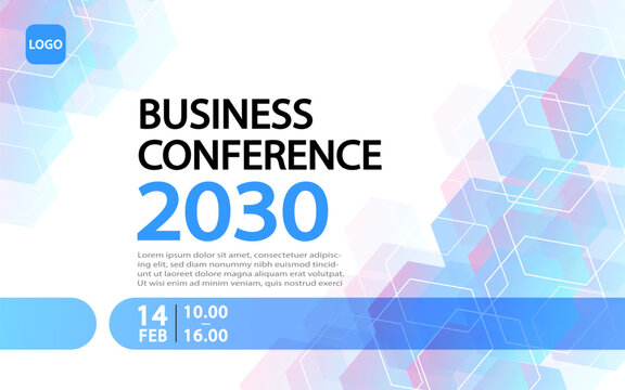 A clean banner template for a business conference or webinar. This modern design features a white background with abstract geometric hexagons in a light blue and pink gradient.