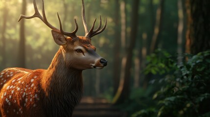 Deer in forest, morning sunlight, tranquil scene, possible use nature wallpaper