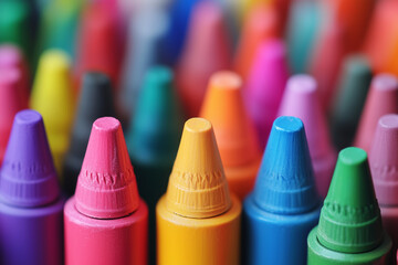 Colorful crayons arranged in close-up macro photography