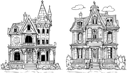 Obraz premium Two Gothic style Mansions designs, Gothic style Mansions vector image