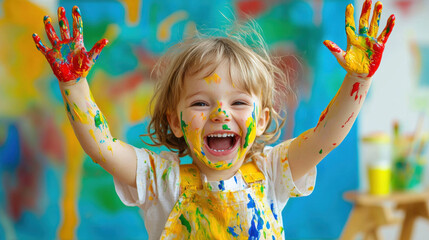 Creative child enjoying painting time, covered in paint, laughing with raised hands