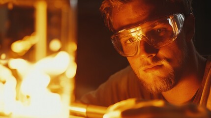 Glassblower shaping molten glass under intense heat. Featuring artistic craftsmanship and technique