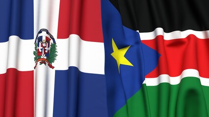 Flags of DOMINICAN REPUBLIC and SOUTH SUDAN with realistic cloth texture