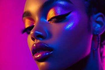 Trends in cosmetics with bold neon makeup and glossy skin, closeup portrait of fashion model under colorful lights, beauty concept, generative ai