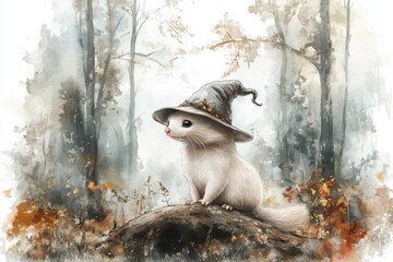 Fototapeta premium A whimsical creature wearing a pointed hat sits on a log, surrounded by a misty forest with autumn foliage, creating a magical, fairytale atmosphere.