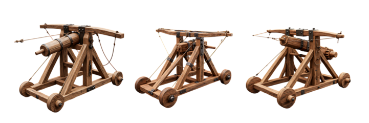 Medieval Wooden Catapults On Transparent Background

