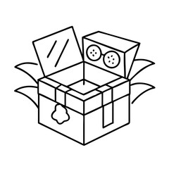 A mysterious gift box with a partially opened lid revealing a pair of spectacles and possibly cookies inside nestled amongst foliage