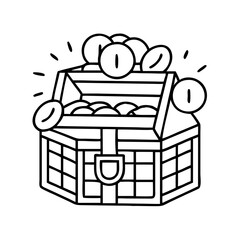 A cartoon illustration of a treasure chest overflowing with gold coins