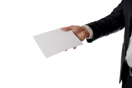 A businessman extends a blank envelope towards the viewer, symbolizing opportunity and potential in a modern corporate environment isolated on transparent background