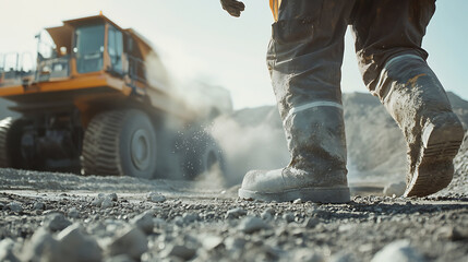 Miner setting up explosive charges for lithium ore extraction in an open pit. Featuring explosive mining operations