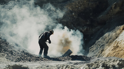 Miner setting up explosive charges for lithium ore extraction in an open pit. Featuring explosive mining operations