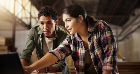 Colleagues, people and team with laptop, carpenter and research for craftsmanship in workshop and...