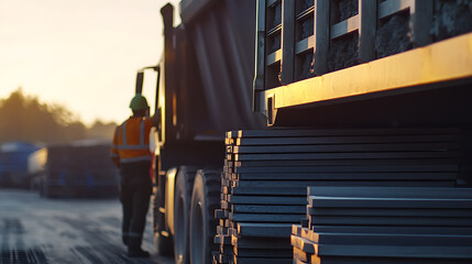 Naklejka premium Miner transporting lithium ore by truck at a mining facility. Featuring ore transport