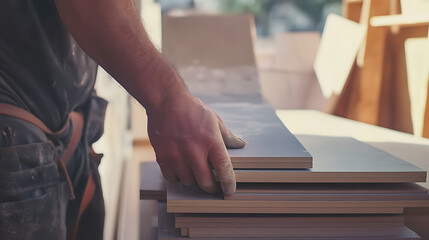 Construction worker handling construction materials on site. Featuring efficiency and organization