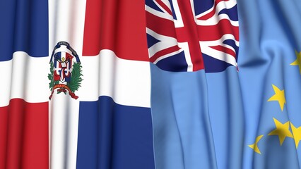 Flags of DOMINICAN REPUBLIC and TUVALU with realistic cloth texture