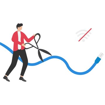 Man with scissors cuts off internet connection. unsubscribe from the internet concept. vector illustration.

